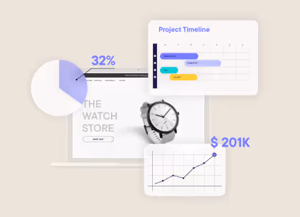 Collage showing a wristwatch, a pie chart marked 32%, a project timeline with colored bars, and a line graph with a $201K label.