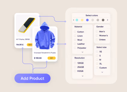 E-commerce interface showing a phone and purple sweatshirt with price tags and options to select product material, gender, size, and color, plus an Add Product button.