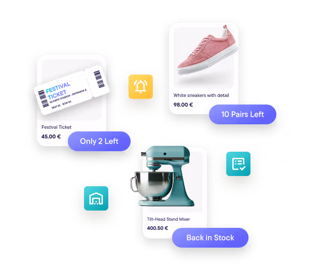 Product listings showing a festival ticket priced at 45 euros with only 2 left, pink sneakers priced at 98 euros with 10 pairs left, and a teal tilt-head stand mixer priced at 400.50 euros marked back in stock.