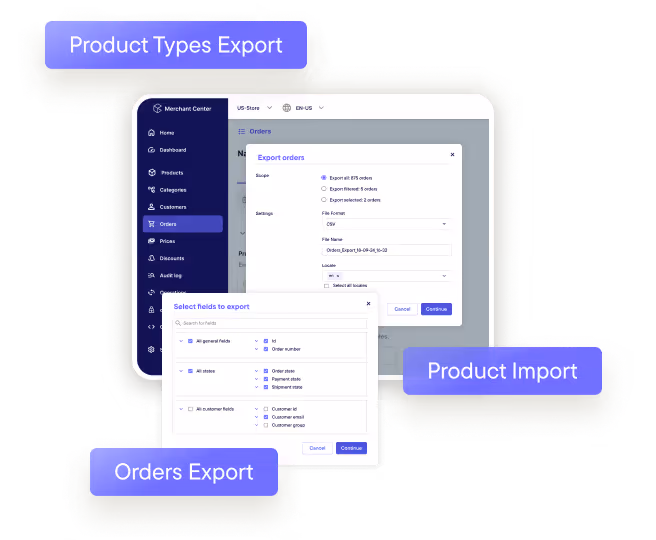 Screenshot of Merchant Center interface showing export options for product types and orders, including file format, file name, and selectable fields for export.