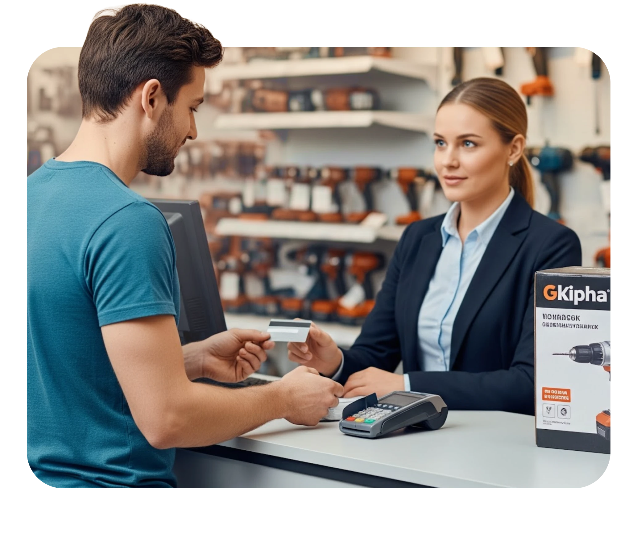 Man paying with credit card to a female cashier at a hardware store counter with power tools in the background.