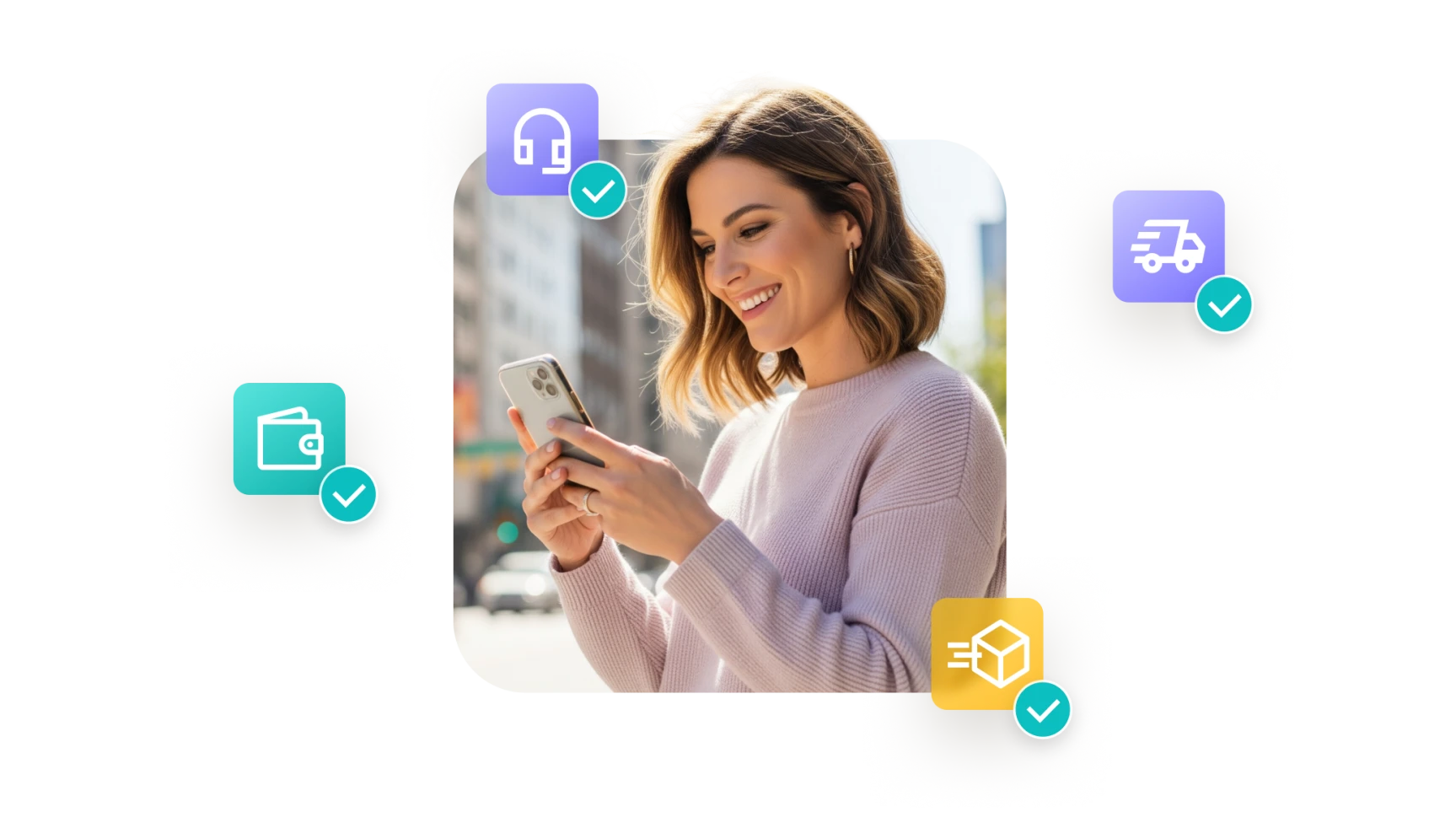 Smiling woman using smartphone outdoors with floating icons for customer support, wallet, delivery, and package services around her.