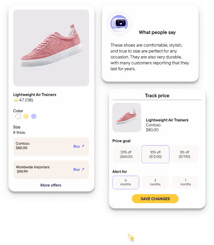 E-commerce interface showing pink Lightweight Air Trainers with color and size options, prices from Contoso and Worldwide Importers, customer reviews praising comfort and durability, and a price tracking section with discount goals and alert settings.