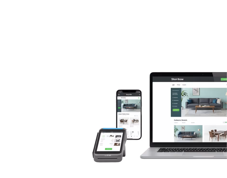 Laptop, smartphone, and card payment device displaying an online furniture shopping website with a gray sofa and wooden table.