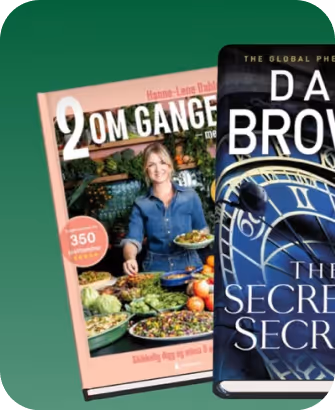 Two books with green background, one titled '2 OM GANGE' featuring a woman holding a plate of food, the other titled 'The Secret' by Dan Brown with a clock image.