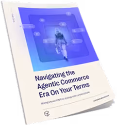 Cover of a report titled 'Navigating the Agentic Commerce Era On Your Terms' featuring a digital illustration of a person interacting with floating icons.