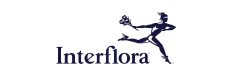 Interflora brand logo with a stylized figure running with a flower bouquet.