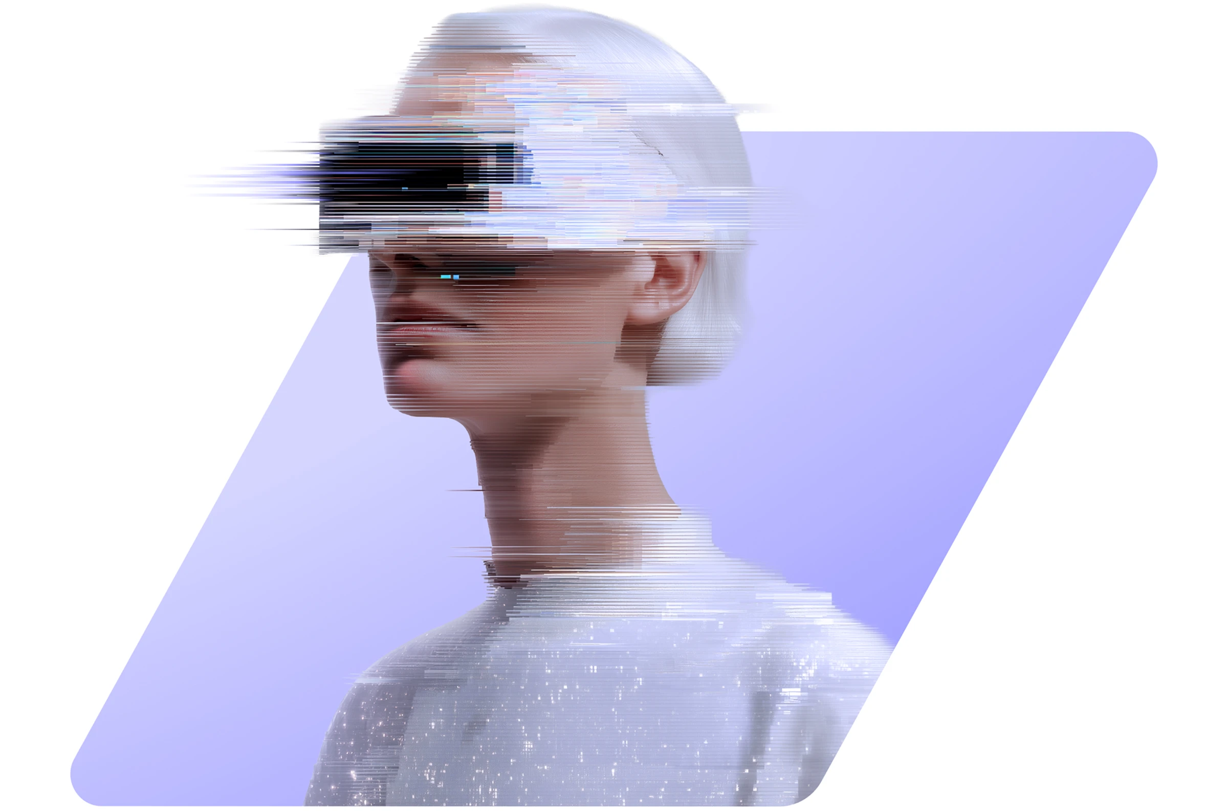 Digital illustration of a person with short white hair wearing a white shirt and VR headset, with horizontal glitch effects.