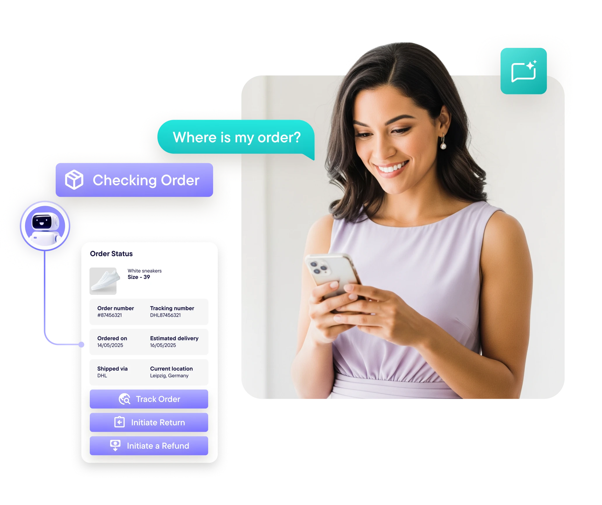 Smiling woman in a lavender dress checking her smartphone with an online order status and chatbot interface showing order details and tracking options.