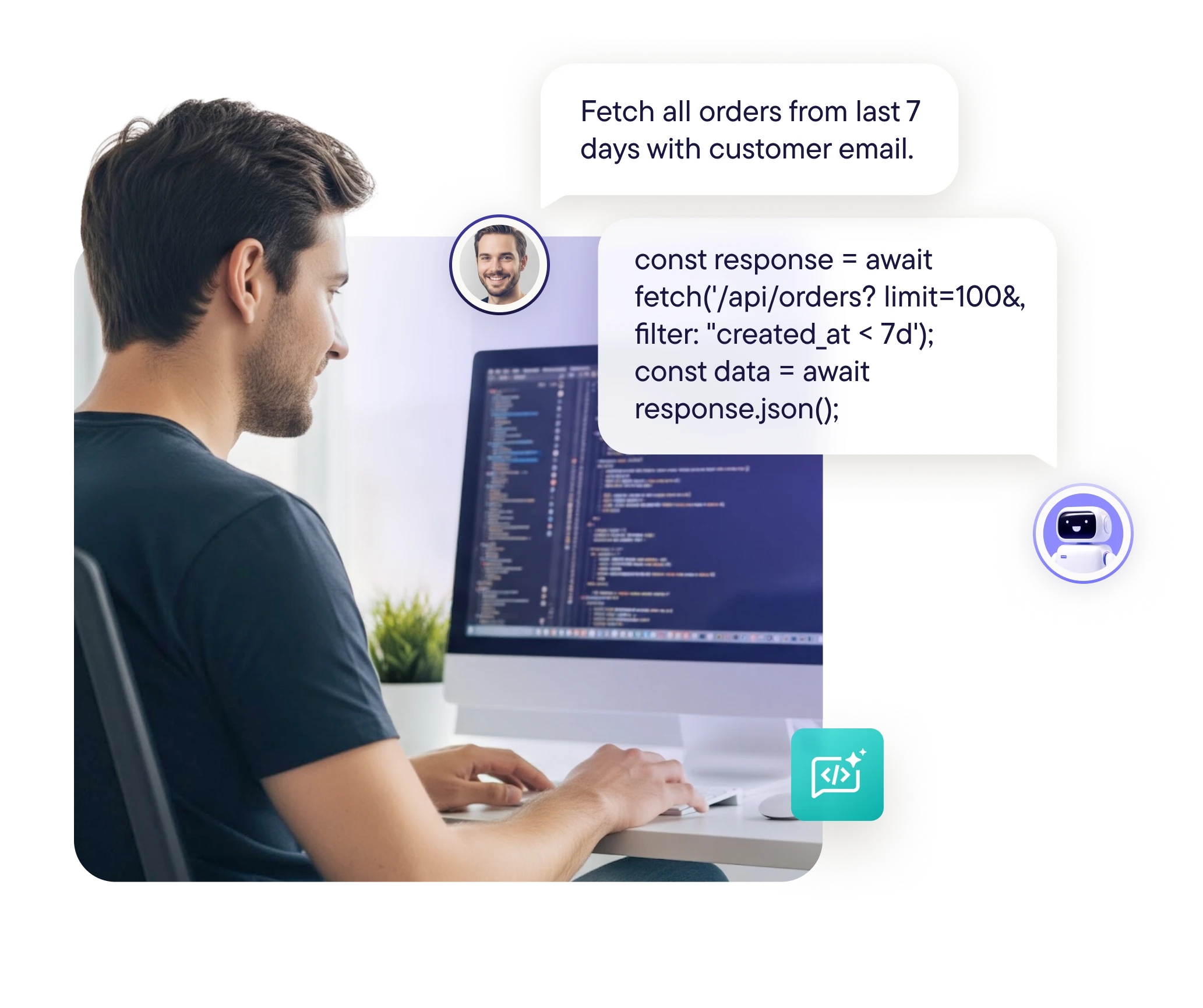 Man in black shirt coding on a desktop computer with chat bubbles showing a code snippet for fetching orders from an API.