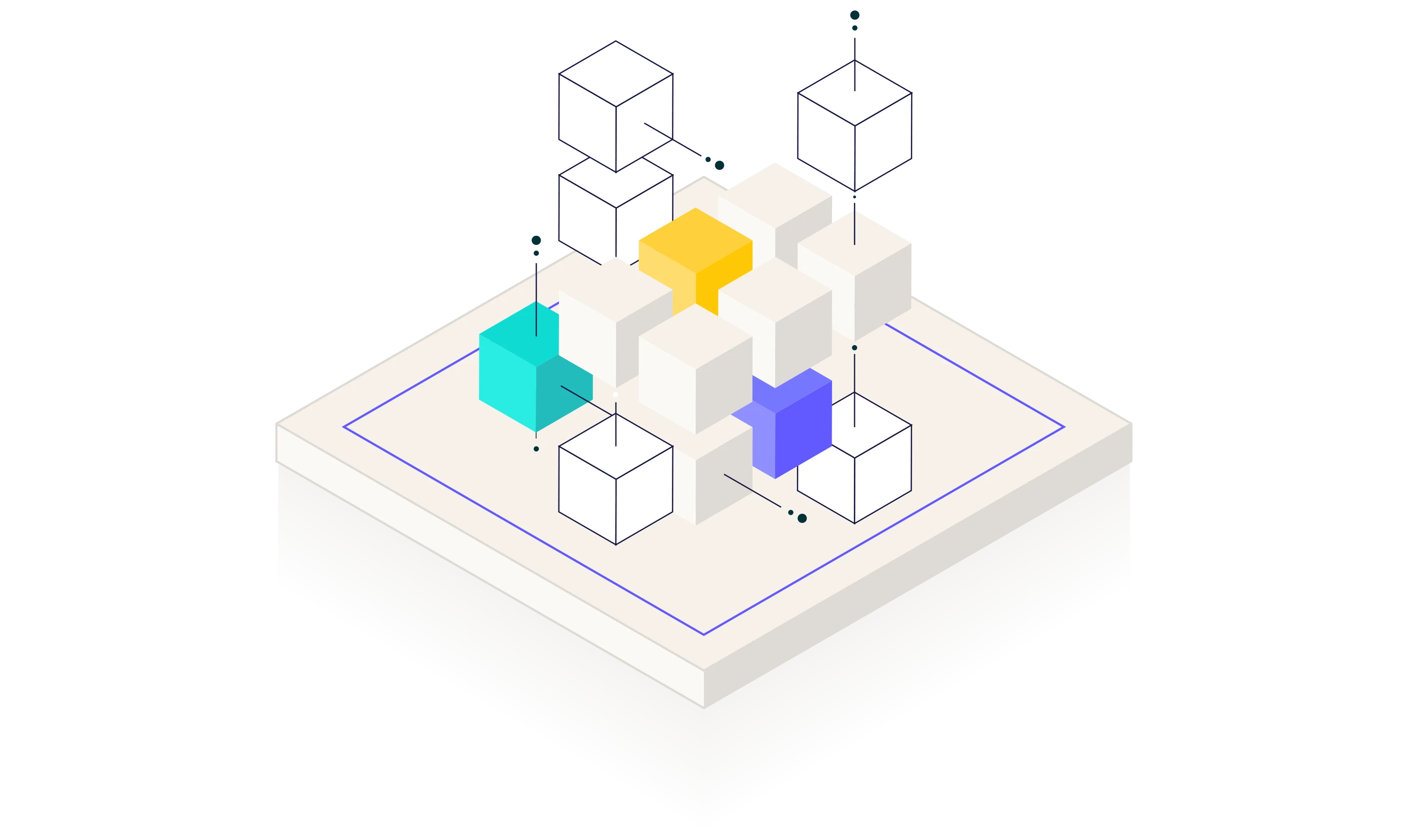 3D isometric digital illustration of interconnected cubes with some cubes in yellow, blue, and cyan on a platform, representing data or network structure.