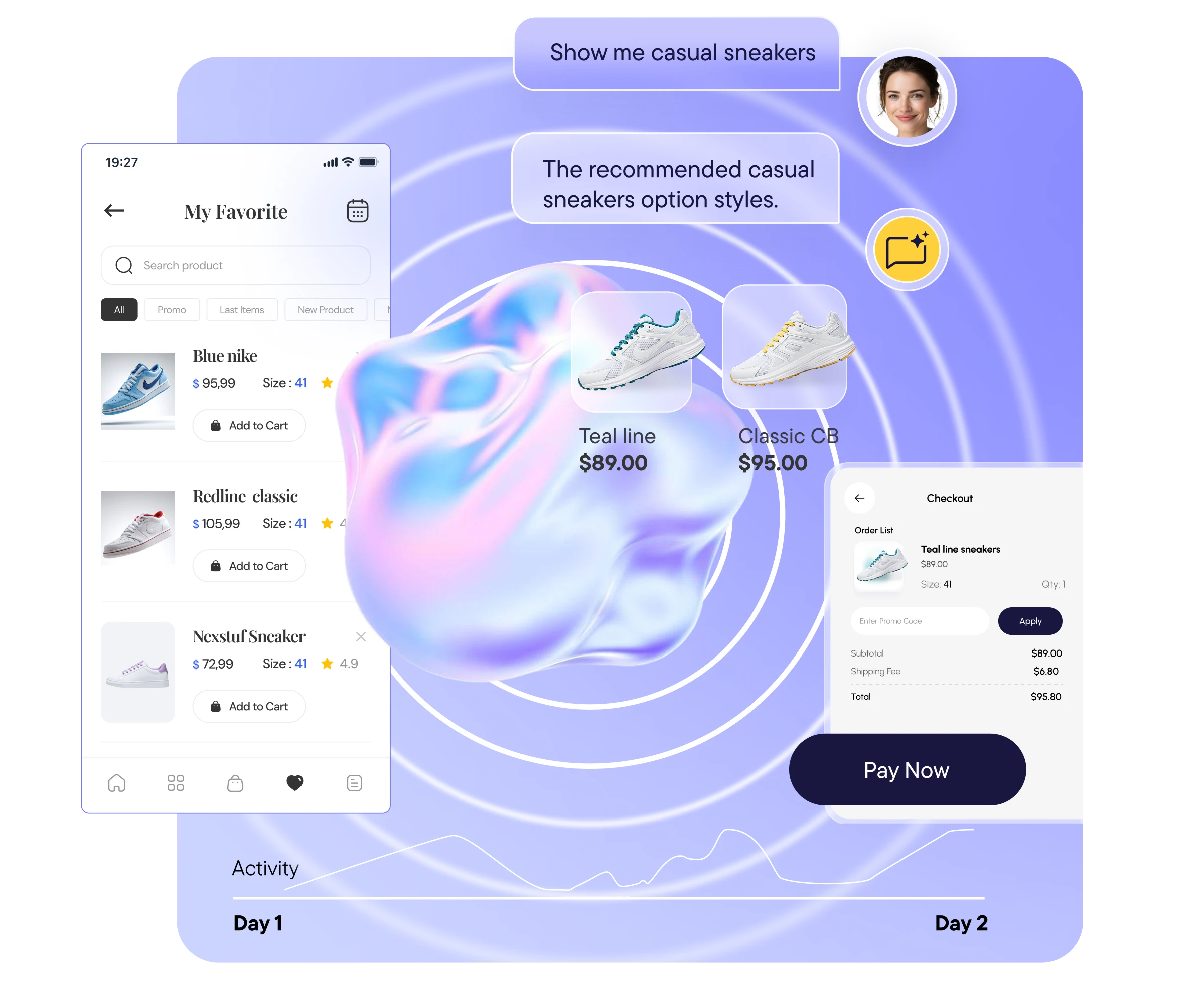 Mobile shopping interface showing a favorite sneakers list, casual sneaker recommendations 'Teal line' and 'Classic CB', and a checkout screen with 'Pay Now' button.