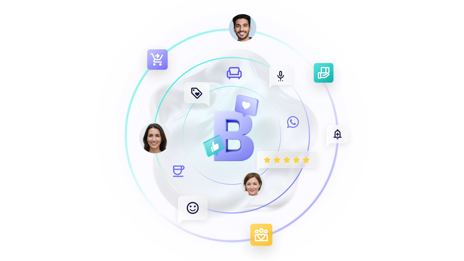 Central letter B surrounded by three smiling faces and icons representing shopping, messaging, ratings, voice, and social interaction.