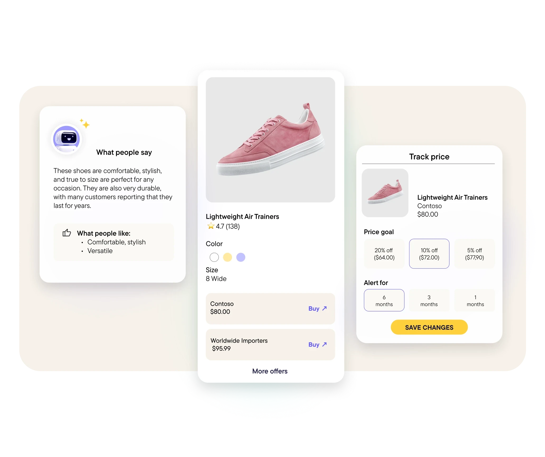 E-commerce interface showing a pink sneaker Lightweight Air Trainers with a 4.7 rating, color and size options, price offers from Contoso and Worldwide Importers, customer reviews praising comfort and style, and a price tracking feature with discount and alert options.