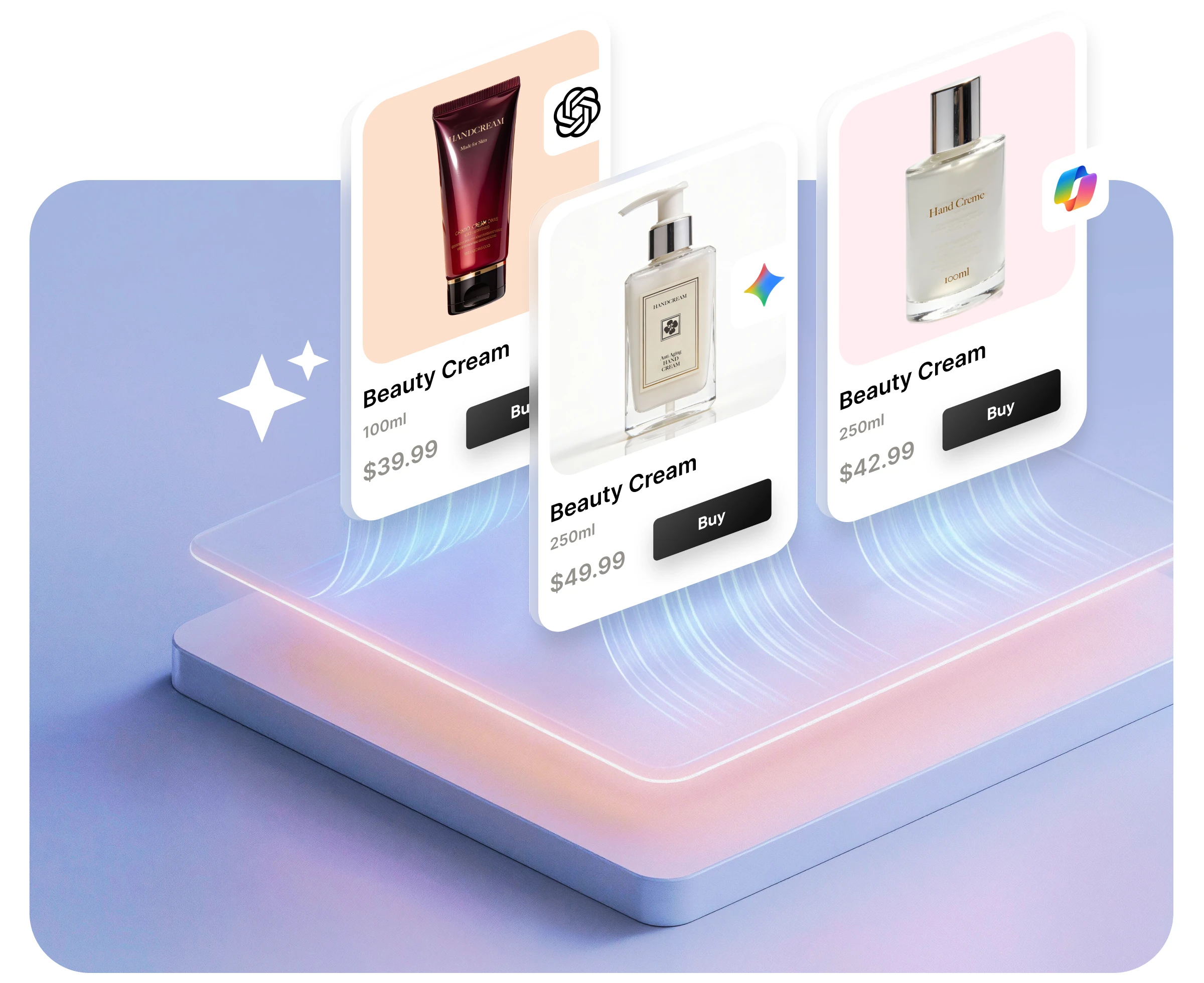 Three digital product cards for beauty creams floating above a glowing device, showing prices and buy buttons.