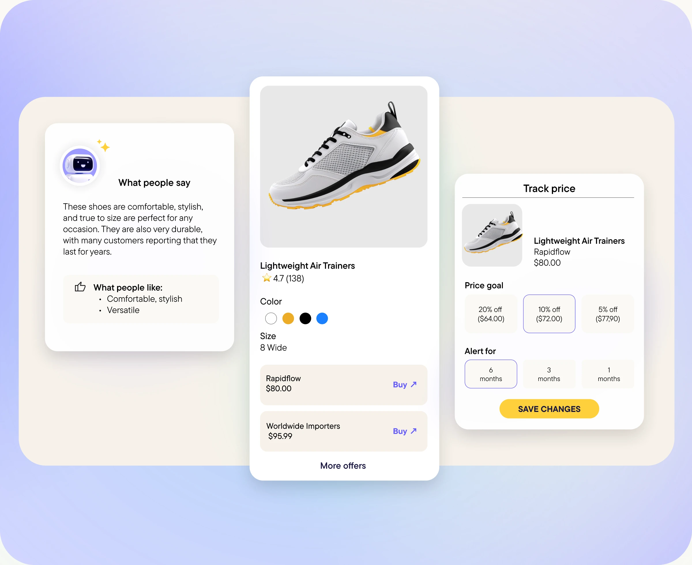 User interface showing Lightweight Air Trainers shoe with ratings, color and size options, price offers, customer review highlighting comfort and style, and price tracking with discount goals and alert durations.