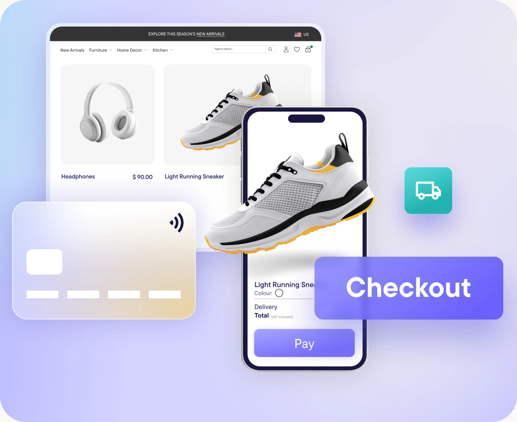 Online shopping interface showing headphones and light running sneakers with a credit card, mobile checkout screen, and delivery icon.