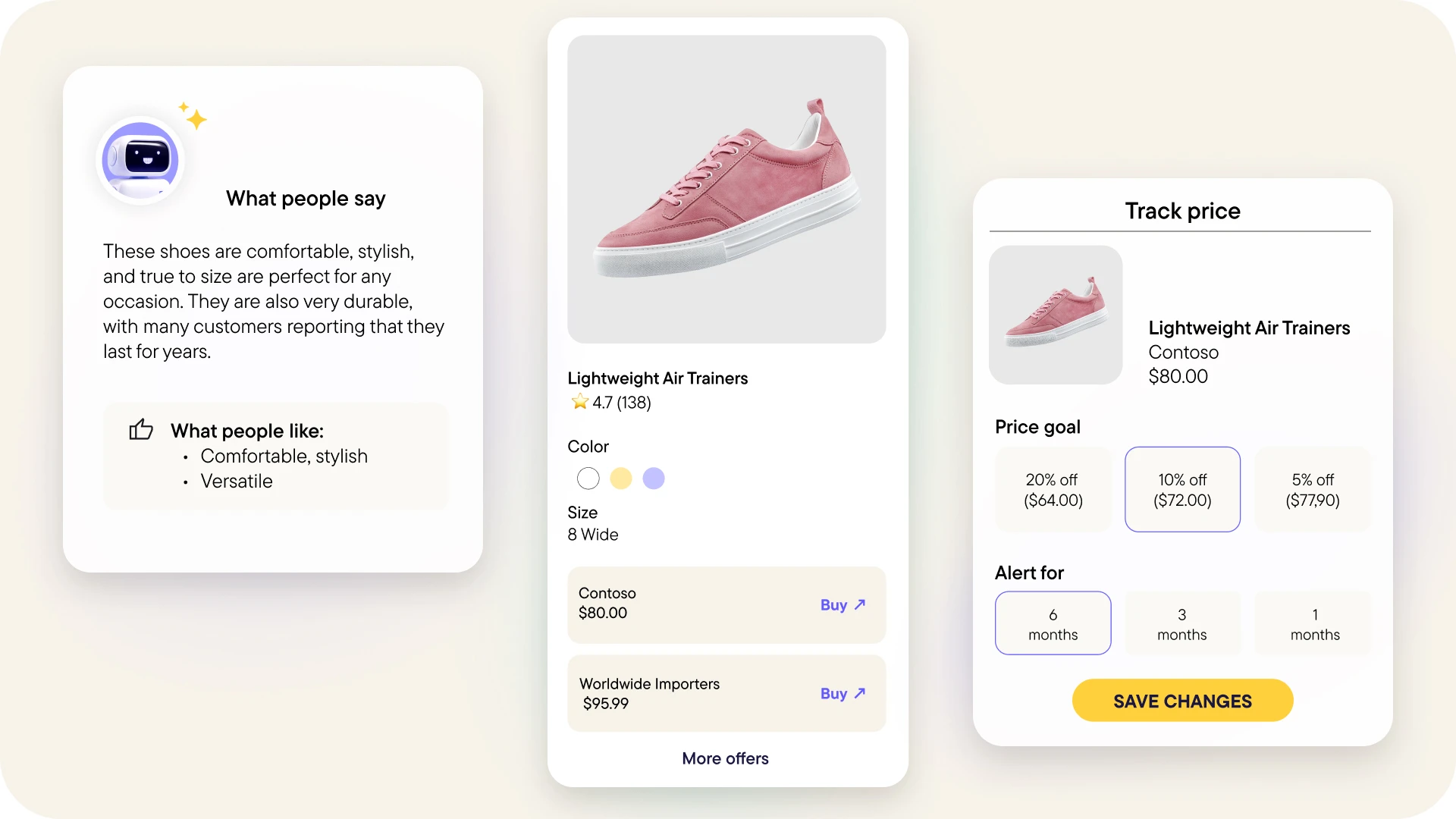 Three-panel layout showing a pink lightweight air trainer shoe with customer reviews, color and size options, price listings from sellers, and a price tracking feature with discount goals and alert duration.