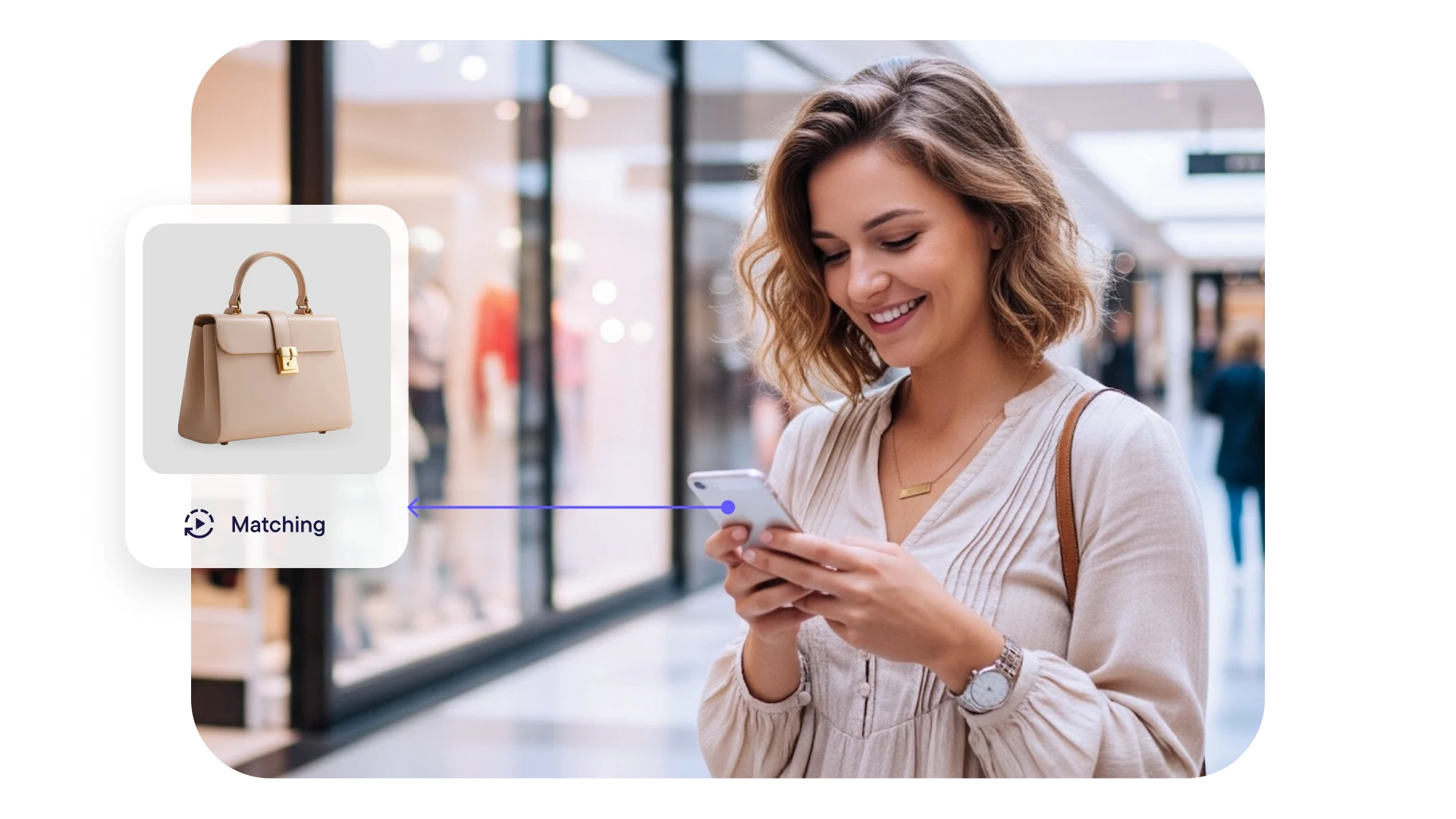 Smiling woman in a shopping mall looking at her smartphone screen with an inset image of a beige handbag labeled 'Matching'.