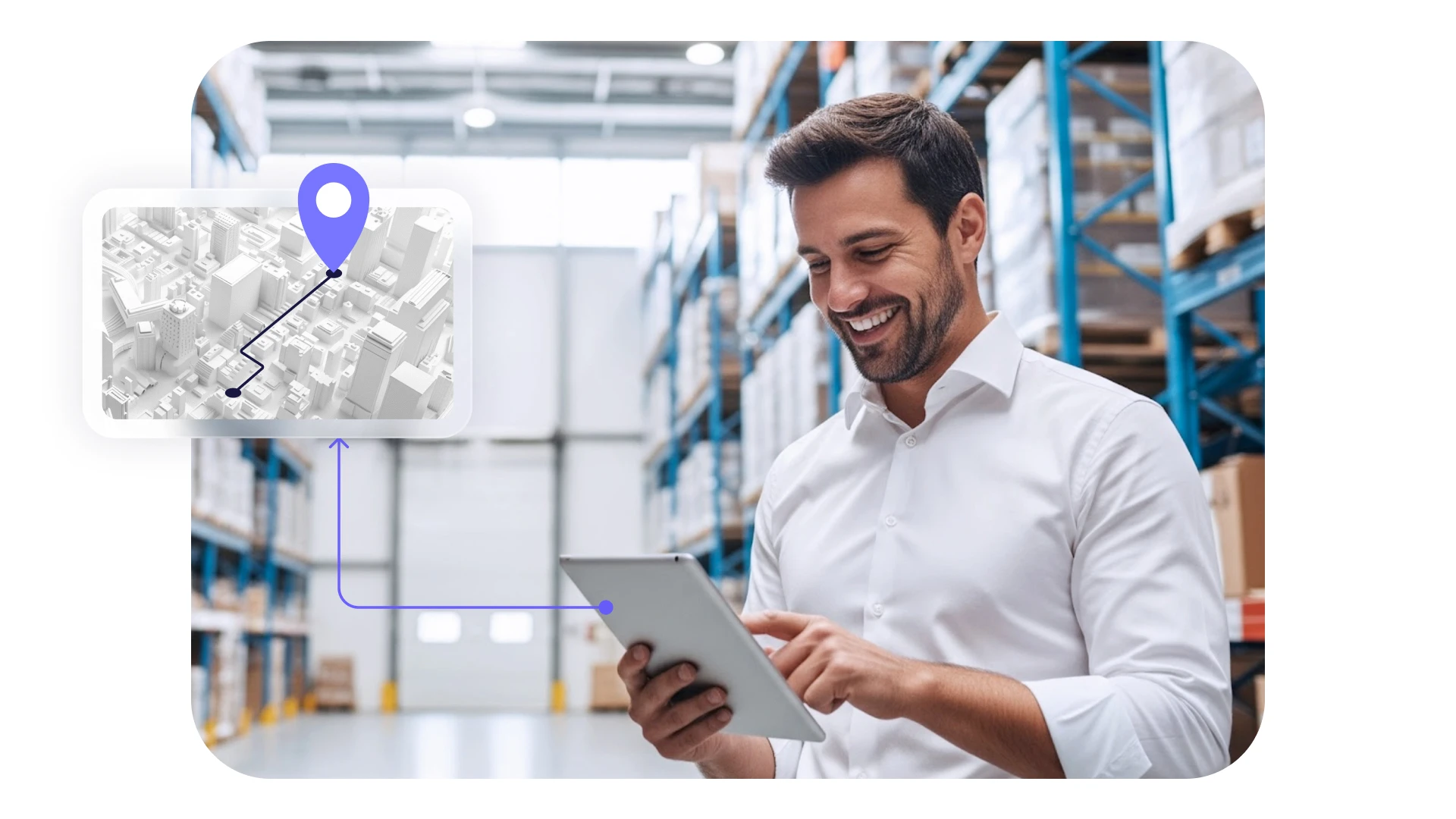 Man in a warehouse smiling and using a tablet showing a digital navigation map with a route and location pin.