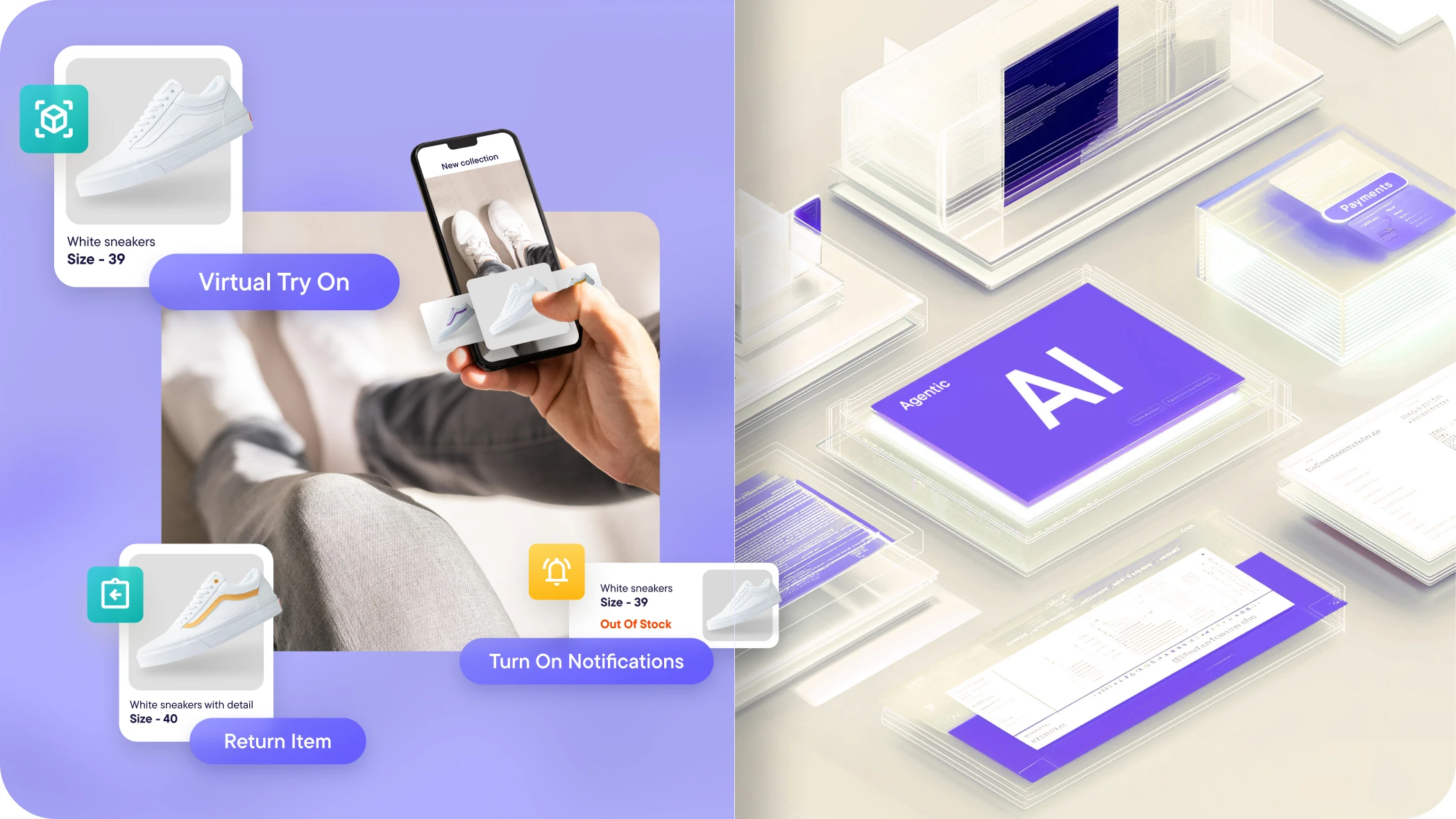 Split image showing virtual try-on for white sneakers via smartphone on left and translucent digital interface elements with AI and payments on right.