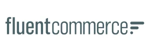 Fluent Commerce company logo with stylized text and an abstract design on the right.