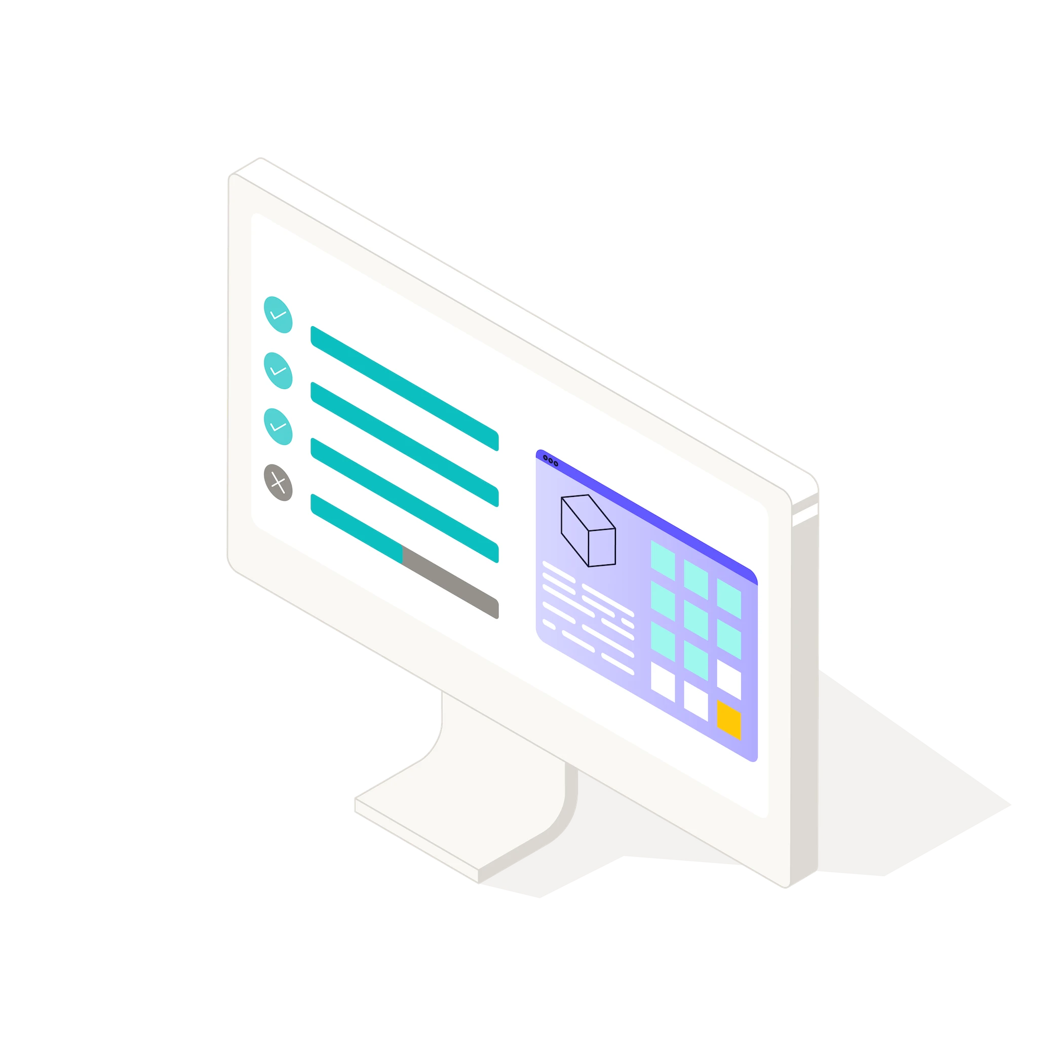 Isometric illustration of a computer monitor displaying a checklist with three completed items, one incomplete item, and a blue-purple window with a cube sketch and grid elements.