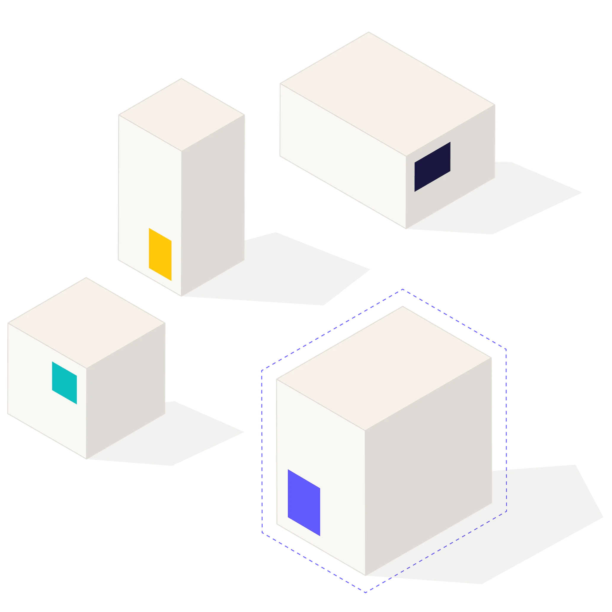 Four white 3D blocks with colored squares on sides casting shadows, the largest block is outlined with a blue hexagon.