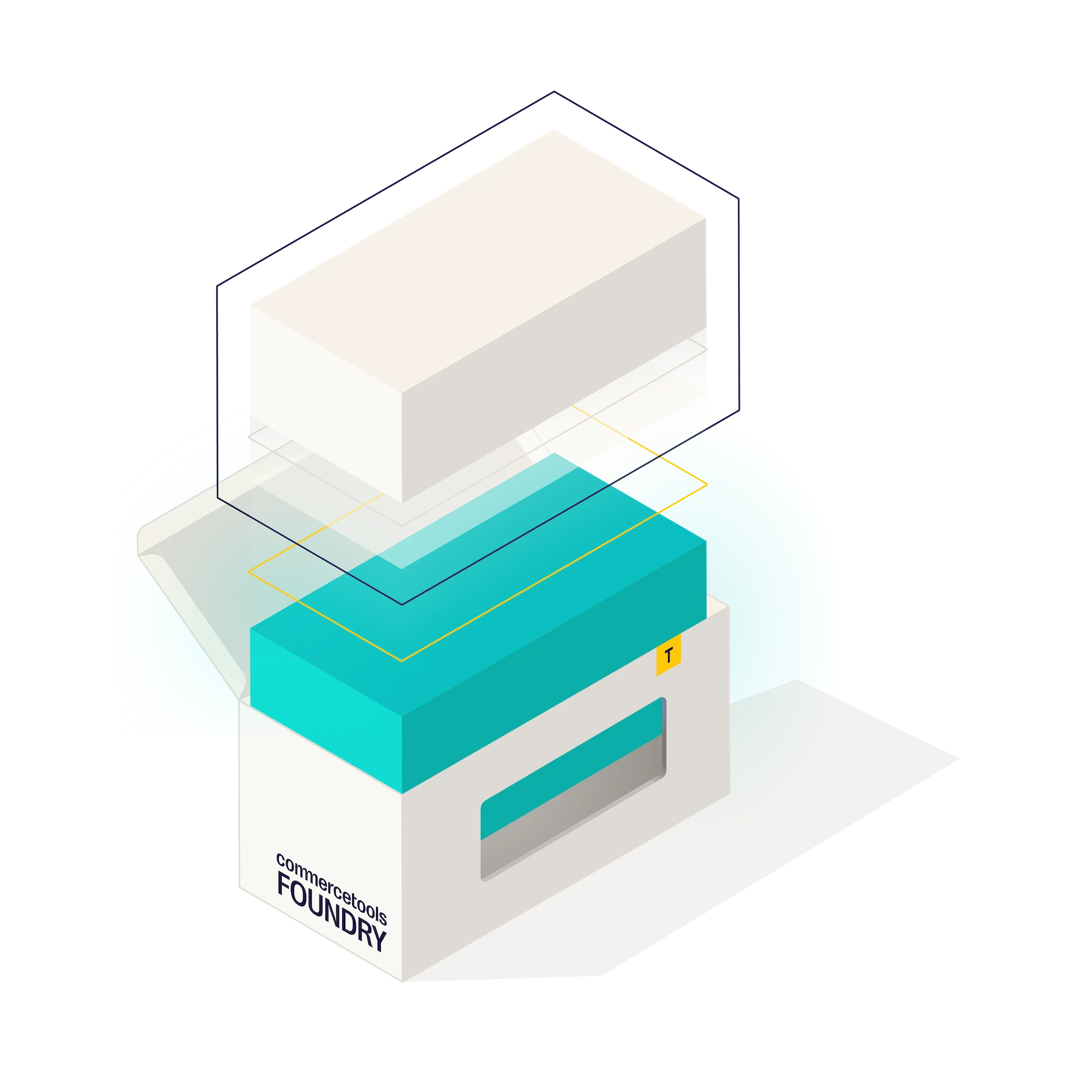 3D isometric illustration of a white and teal box labeled 'commercetools FOUNDRY' with an outlined cube above it.