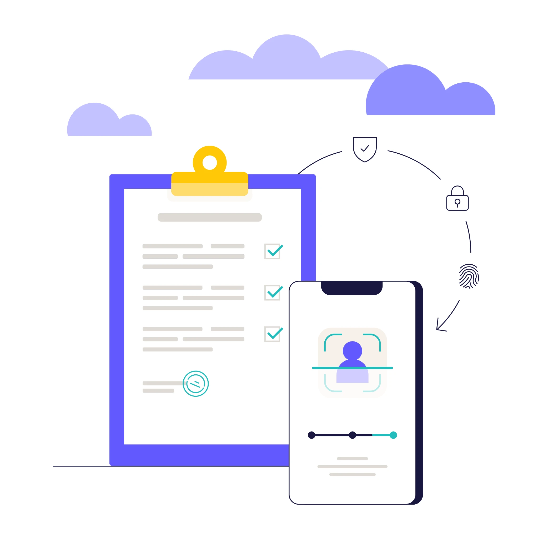 Illustration of a checklist on a clipboard with three checked items beside a smartphone displaying a facial recognition scan and security icons.