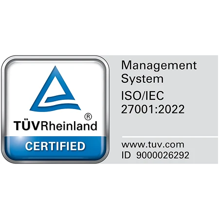 TÜV Rheinland certified logo for Management System ISO/IEC 27001:2022 with website www.tuv.com and ID 9000026292.