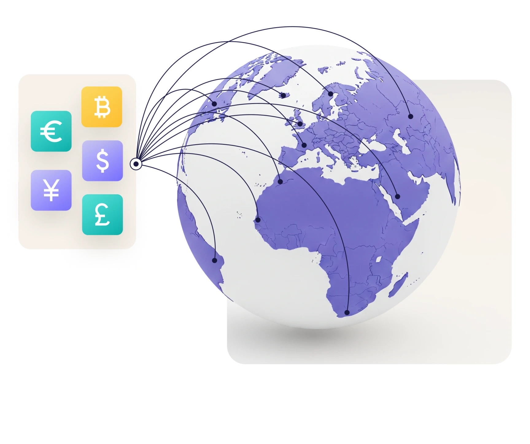 Purple and white globe showing Europe, Africa, and parts of Asia with black lines connecting multiple locations to a square with currency symbols including euro, bitcoin, dollar, yen, and pound.