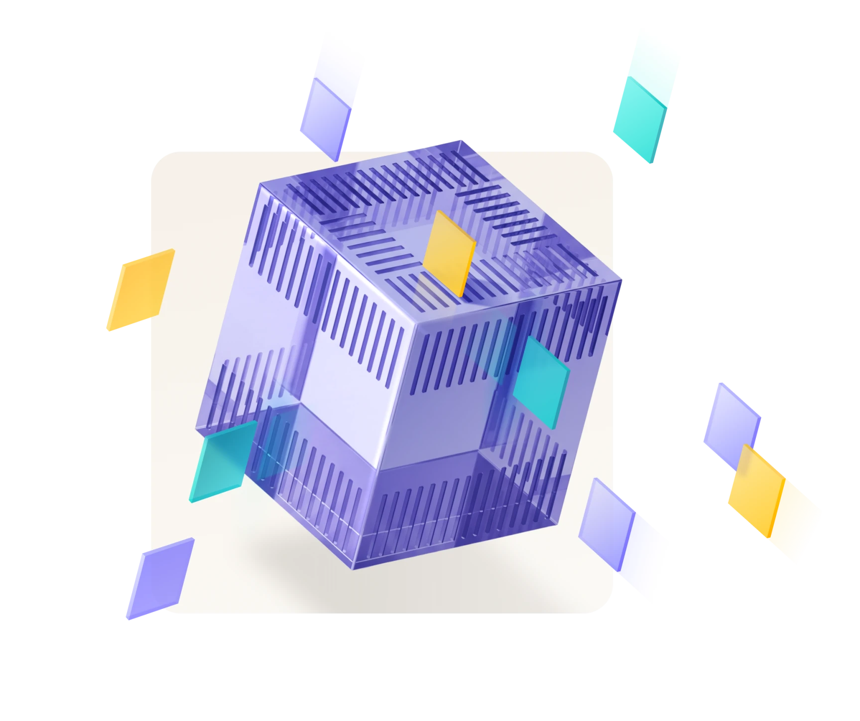 3D transparent purple cube with vertical striped patterns surrounded by floating colorful square tiles in blue, yellow, and purple.