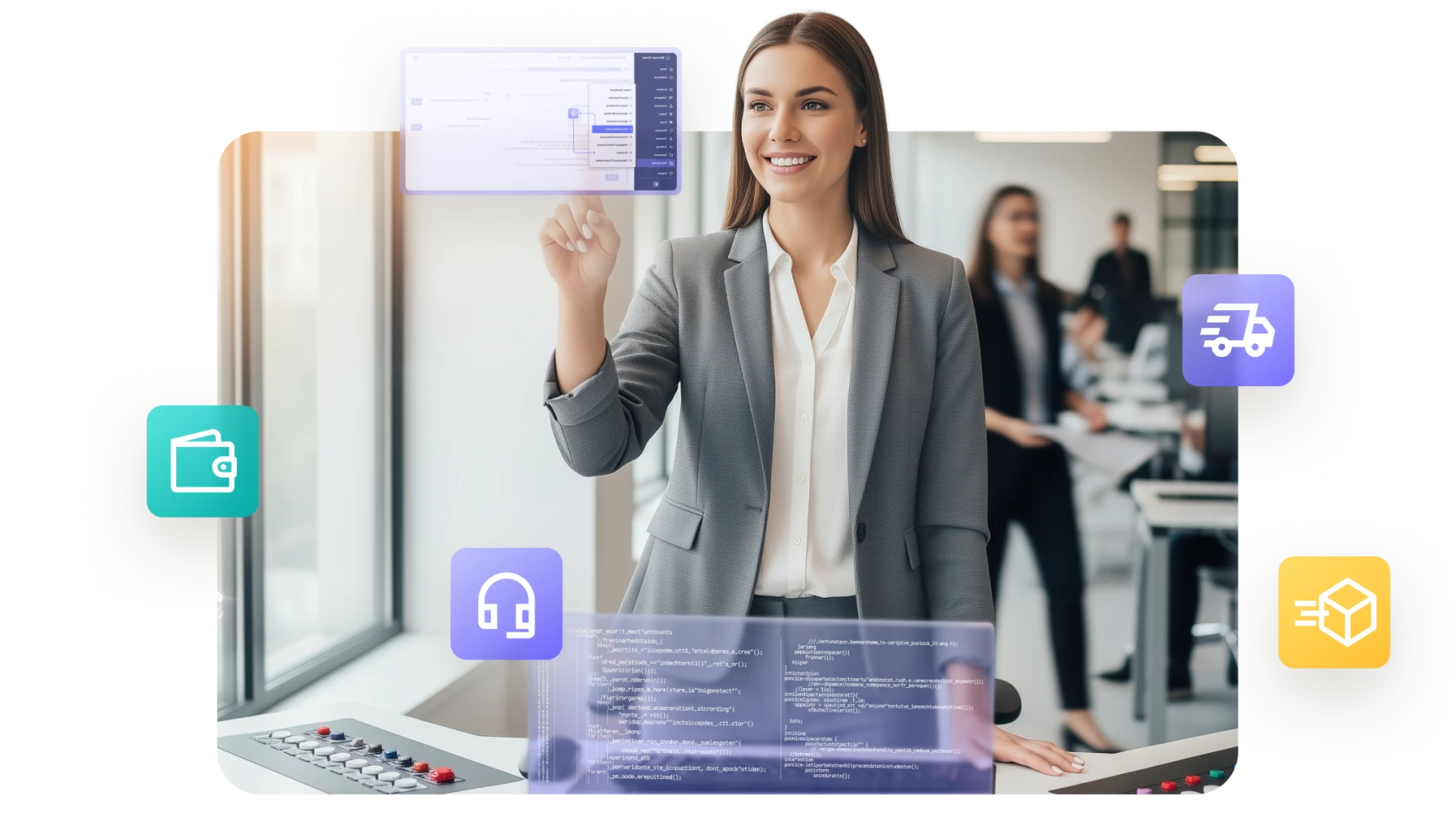 Professional woman in gray suit interacting with transparent digital interface displaying icons for wallet, headphones, delivery truck, and package inside modern office.