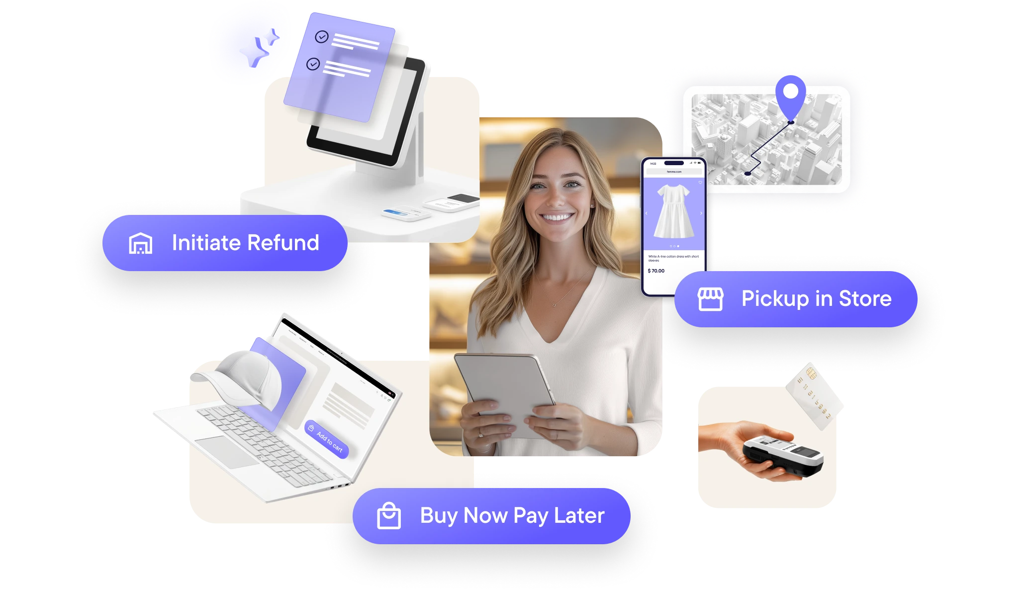 Woman smiling holding a tablet surrounded by icons and images representing online shopping features: initiate refund, pickup in store, and buy now pay later options.
