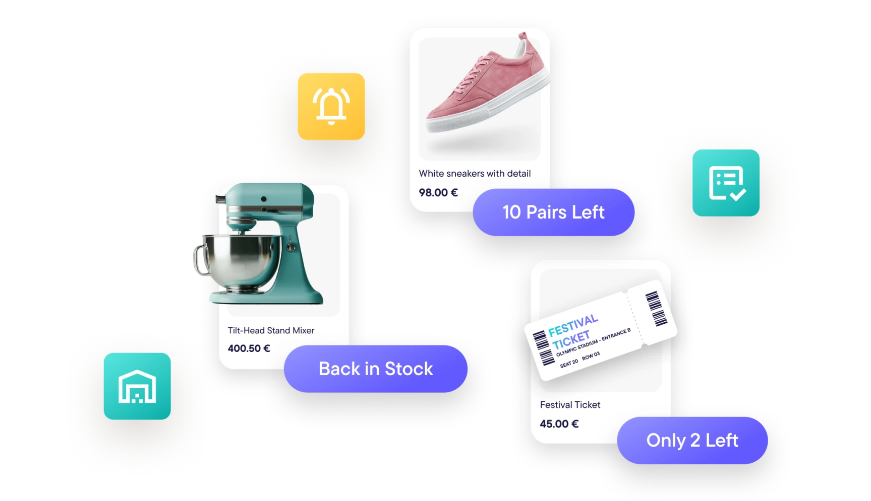 Product cards showing a teal tilt-head stand mixer priced at 400.50 €, pink sneakers labeled white sneakers with detail priced at 98.00 € with 10 pairs left, and festival tickets priced at 45.00 € with only 2 left.