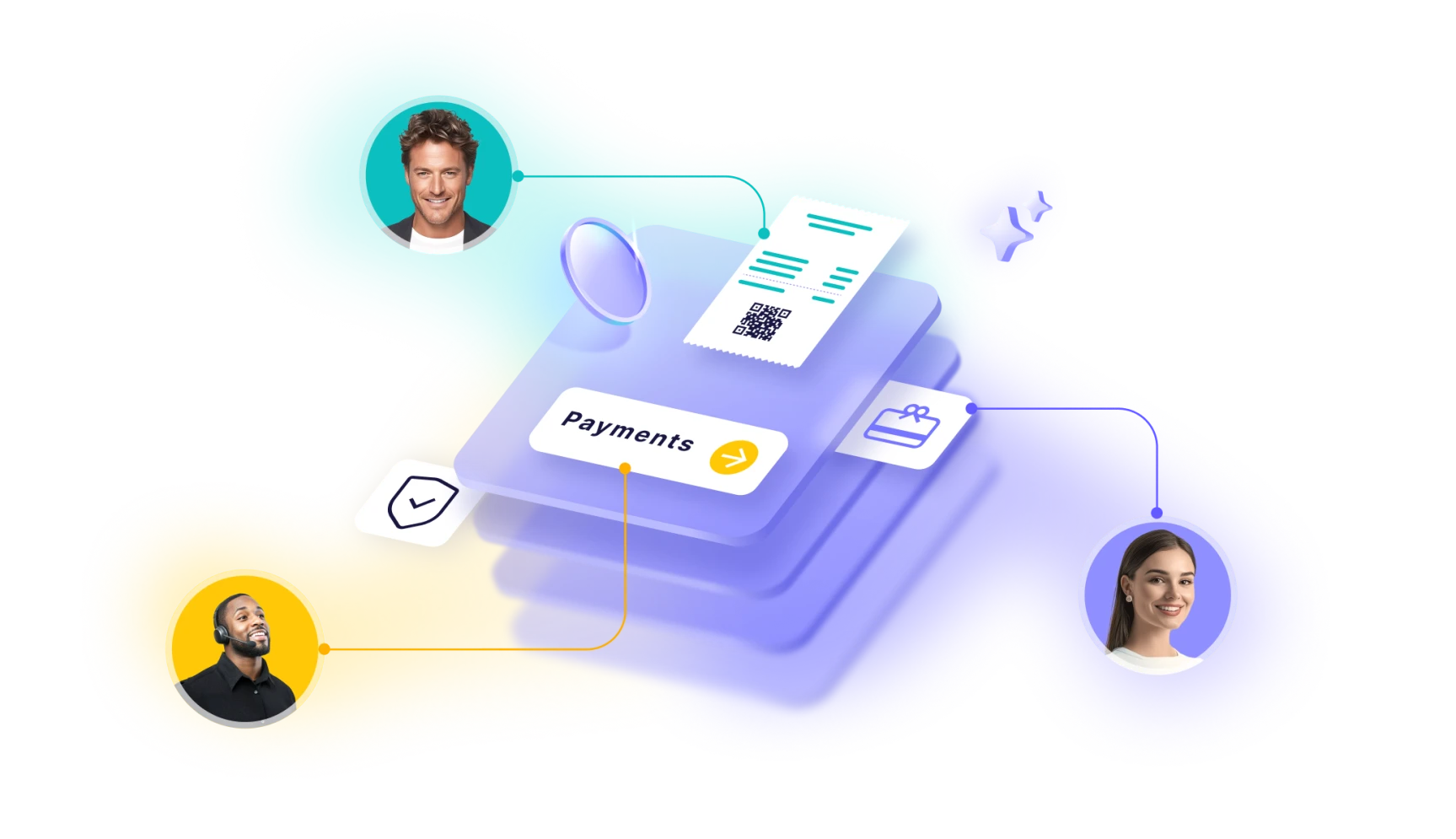 Illustration of a digital payment system with receipt, payment button, and three connected profile pictures of diverse individuals.