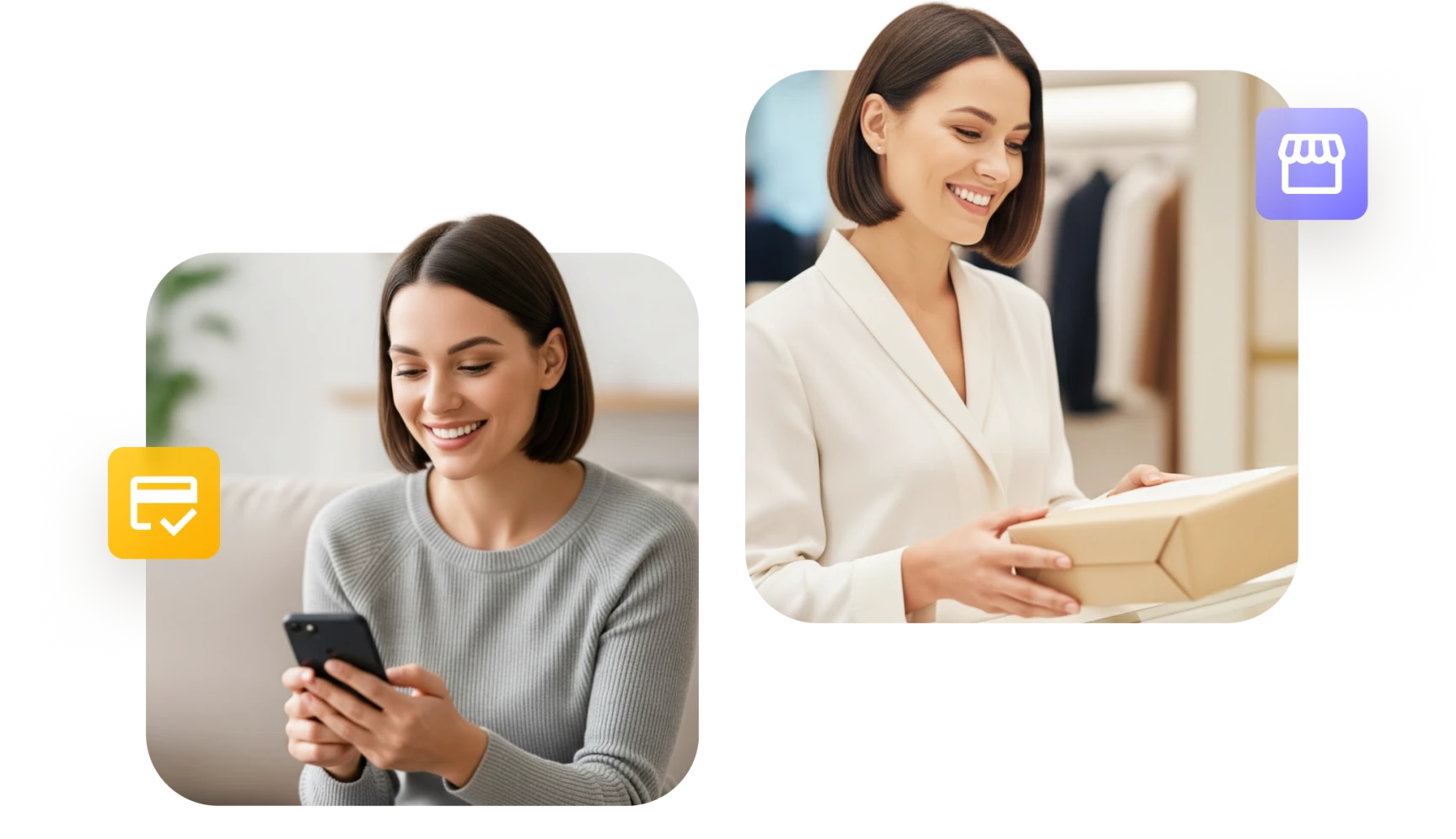 Smiling woman using smartphone at home and receiving a package in a store.