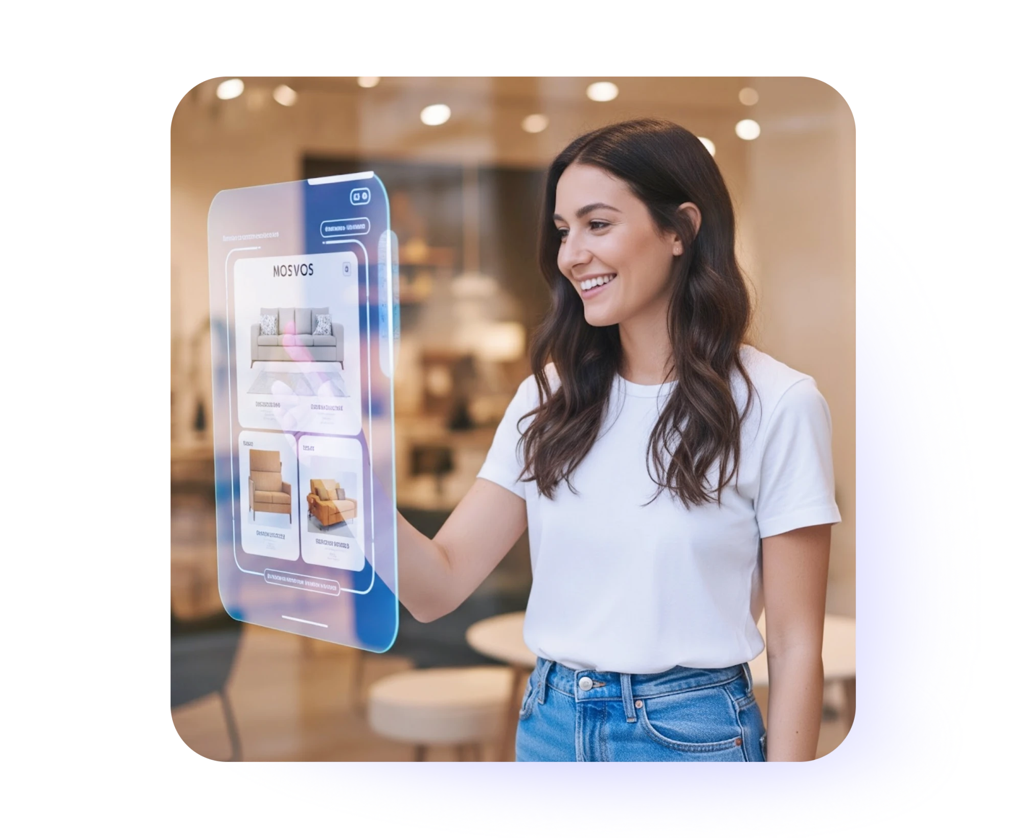 Smiling woman in white t-shirt and jeans interacting with a transparent touchscreen displaying furniture options.