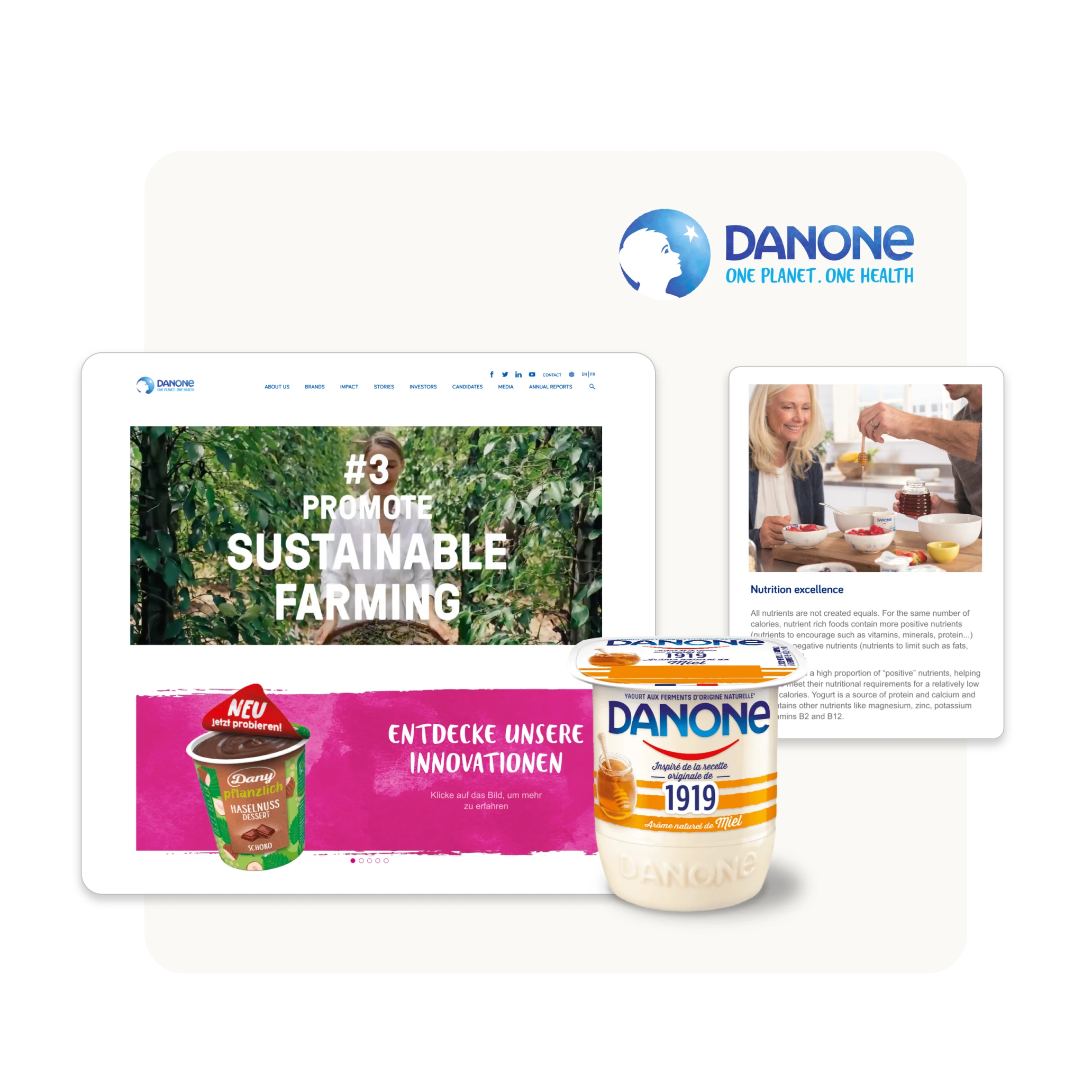 Danone logo with screens showing sustainable farming promotion, nutrition excellence, and Danone yogurt products.