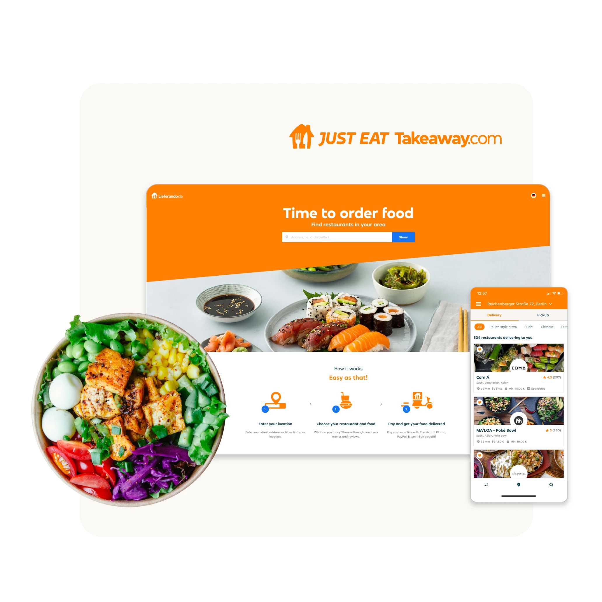 Just Eat Takeaway.com website and app interface for ordering food online, accompanied by a bowl of colorful salad with grilled chicken, eggs, corn, tomatoes, and purple cabbage.
