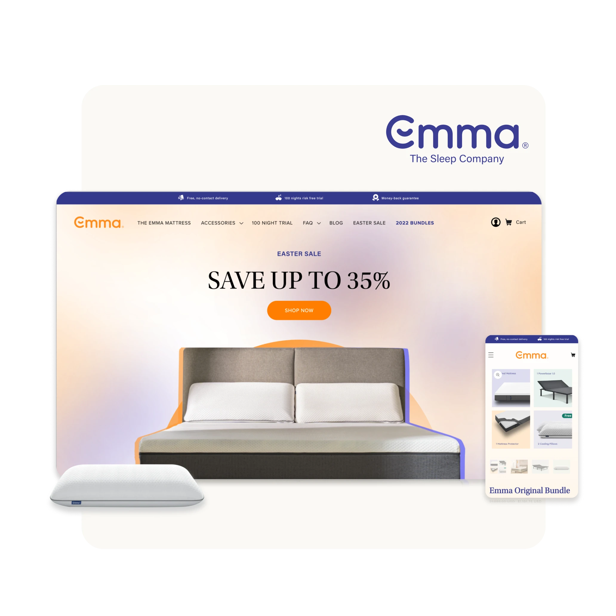Emma mattress website page showing Easter sale with save up to 35% and images of a bed, pillow, and mattress accessories.