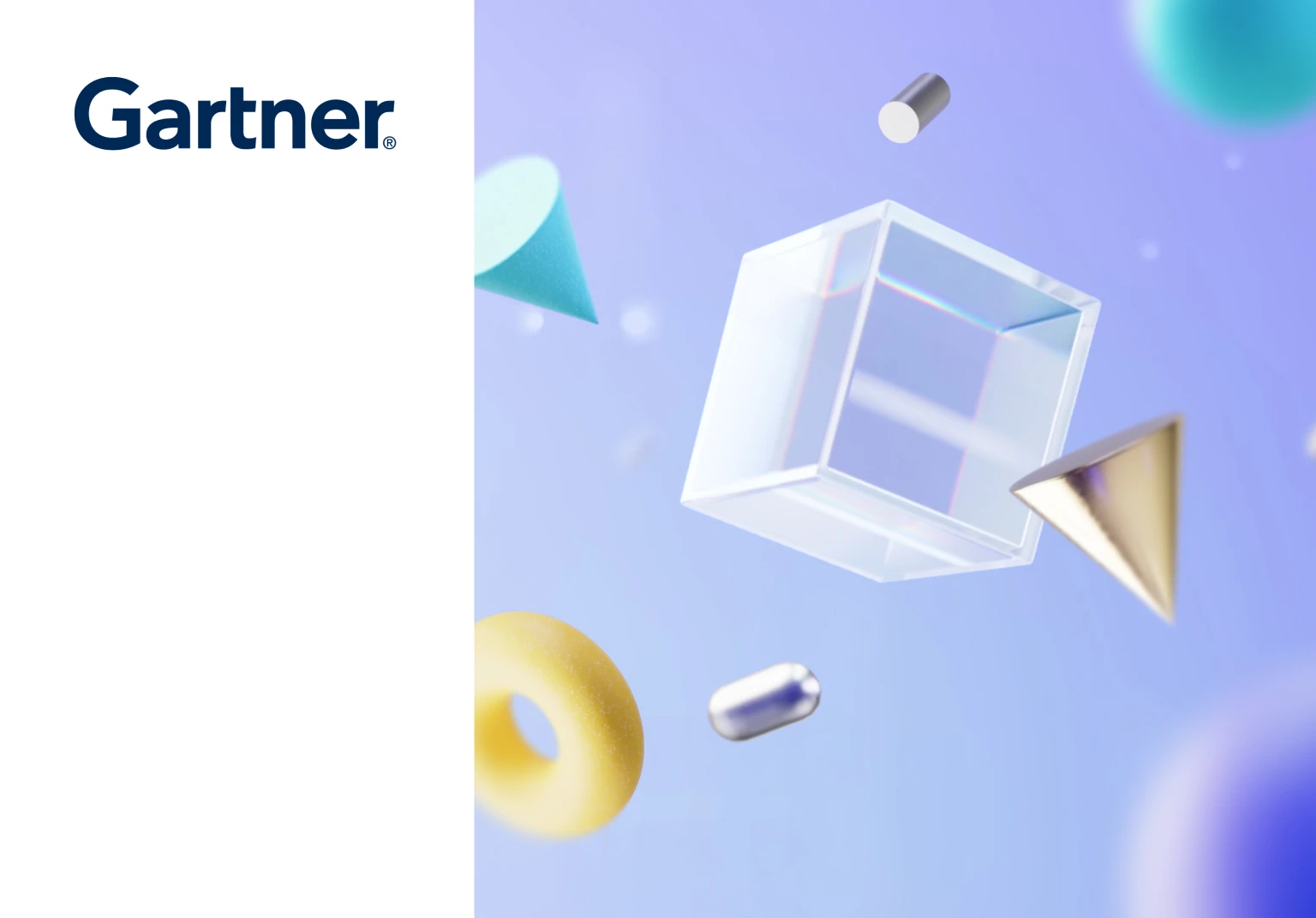 Gartner logo on white background with floating 3D geometric shapes including a transparent cube, yellow torus, metallic cylinder, blue cone, and gold cone on a light purple gradient background.