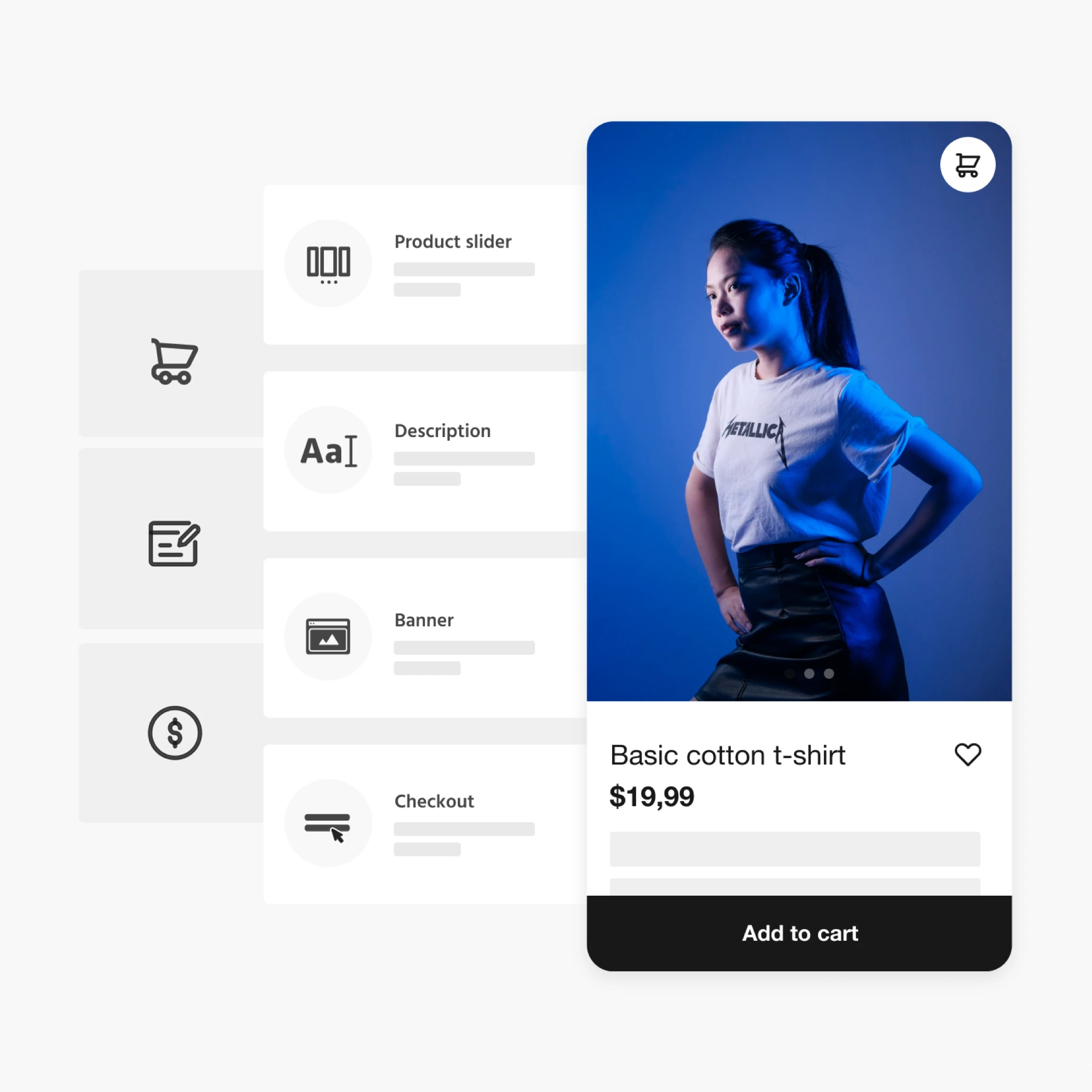 E-commerce product card showing a woman in a white Metallica t-shirt priced at $19.99 with an Add to cart button.