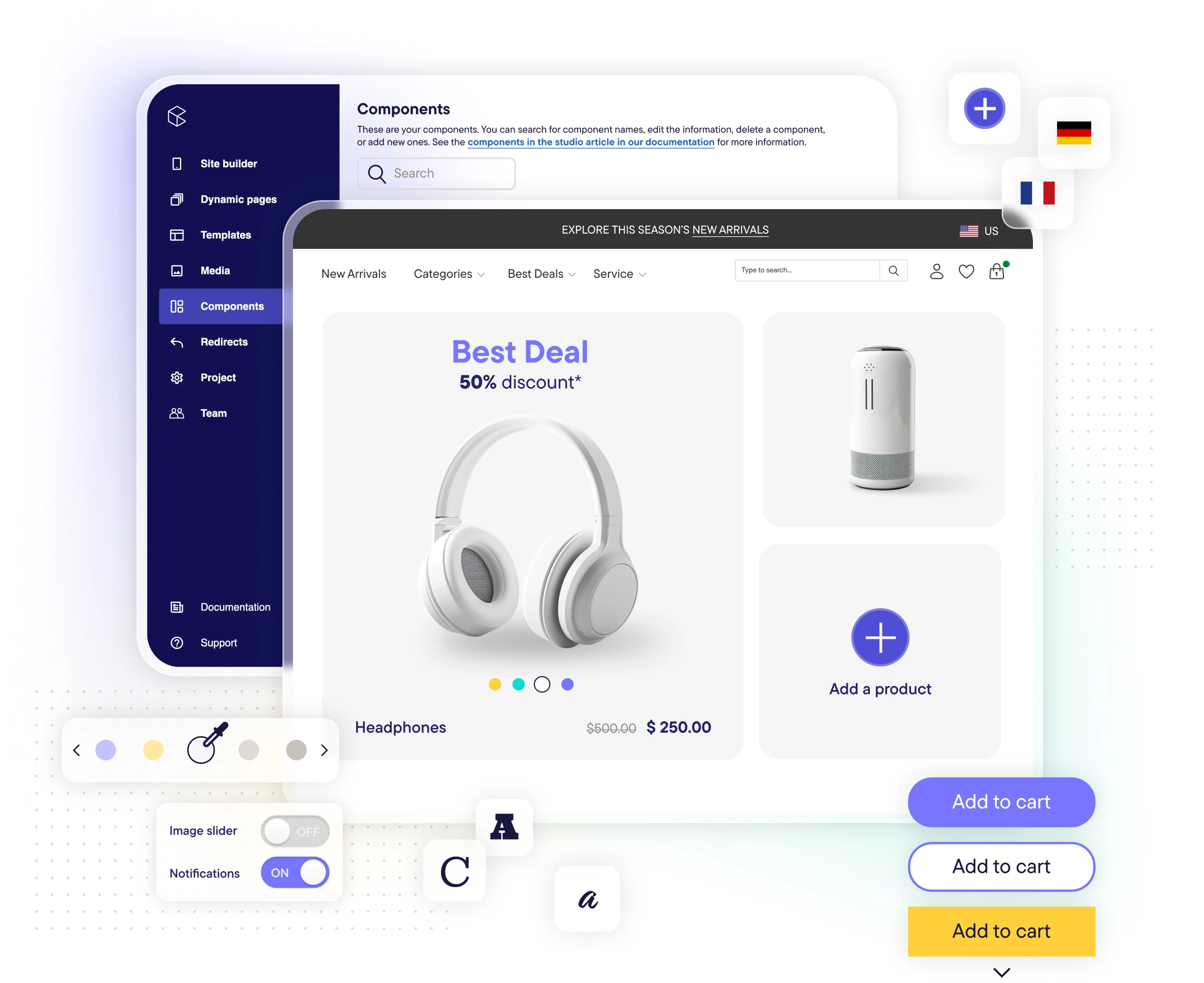E-commerce interface showing best deal on white headphones with 50% discount, side menu with components, and add to cart buttons.