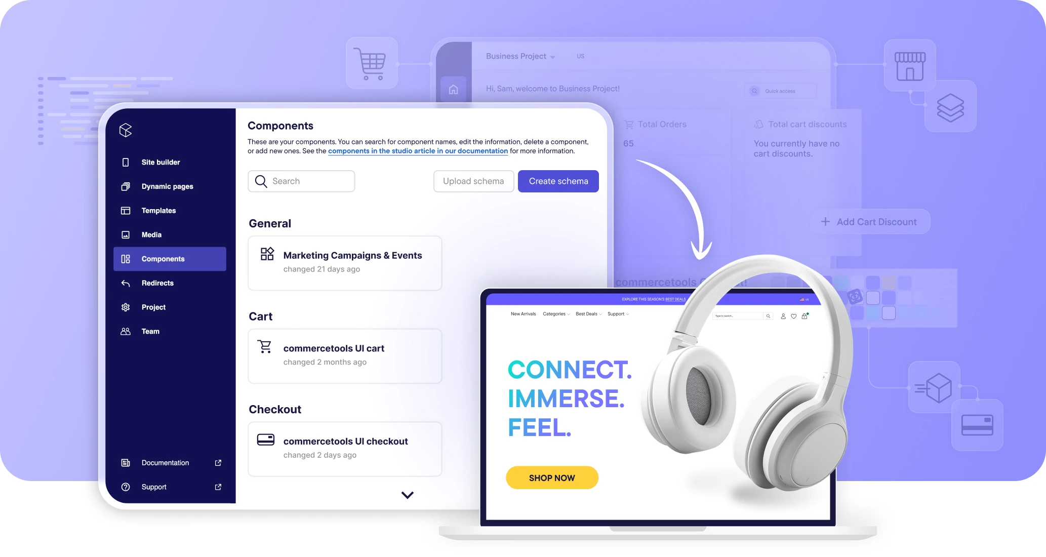 User interface showing components for site builder, dynamic pages, templates, and media with a laptop displaying headphones and the text Connect. Immerse. Feel. with a shop now button.