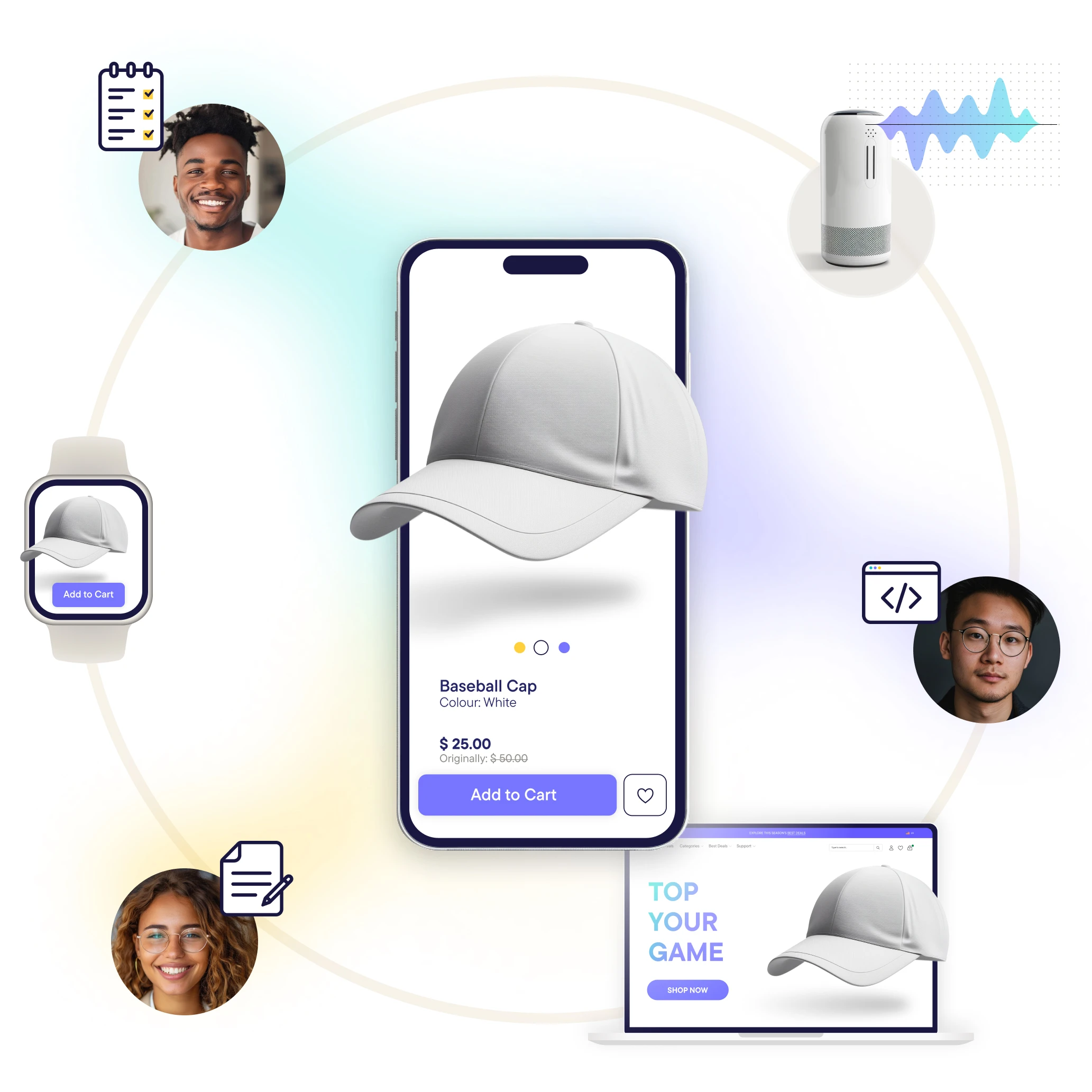 Digital shopping interface showing a white baseball cap priced at $25 with options to add to cart on a smartphone, smartwatch, and laptop, surrounded by diverse user avatars and icons for tasks, voice commands, and coding.