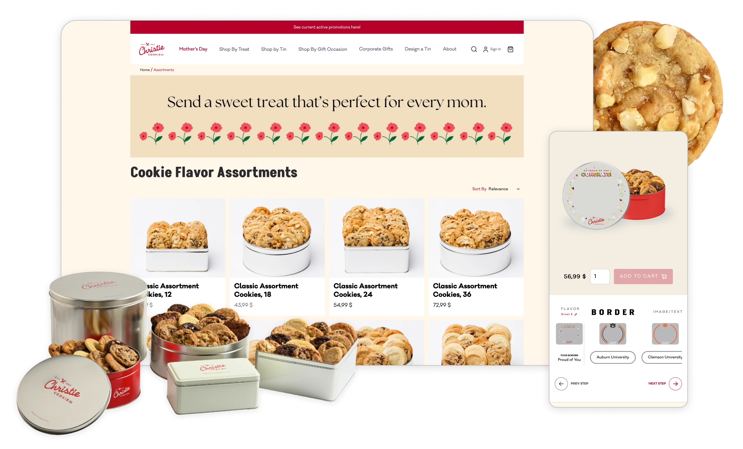 Website display of Mother’s Day cookie flavor assortments with various tins of cookies and a mobile view customization option for a congratulatory cookie tin.