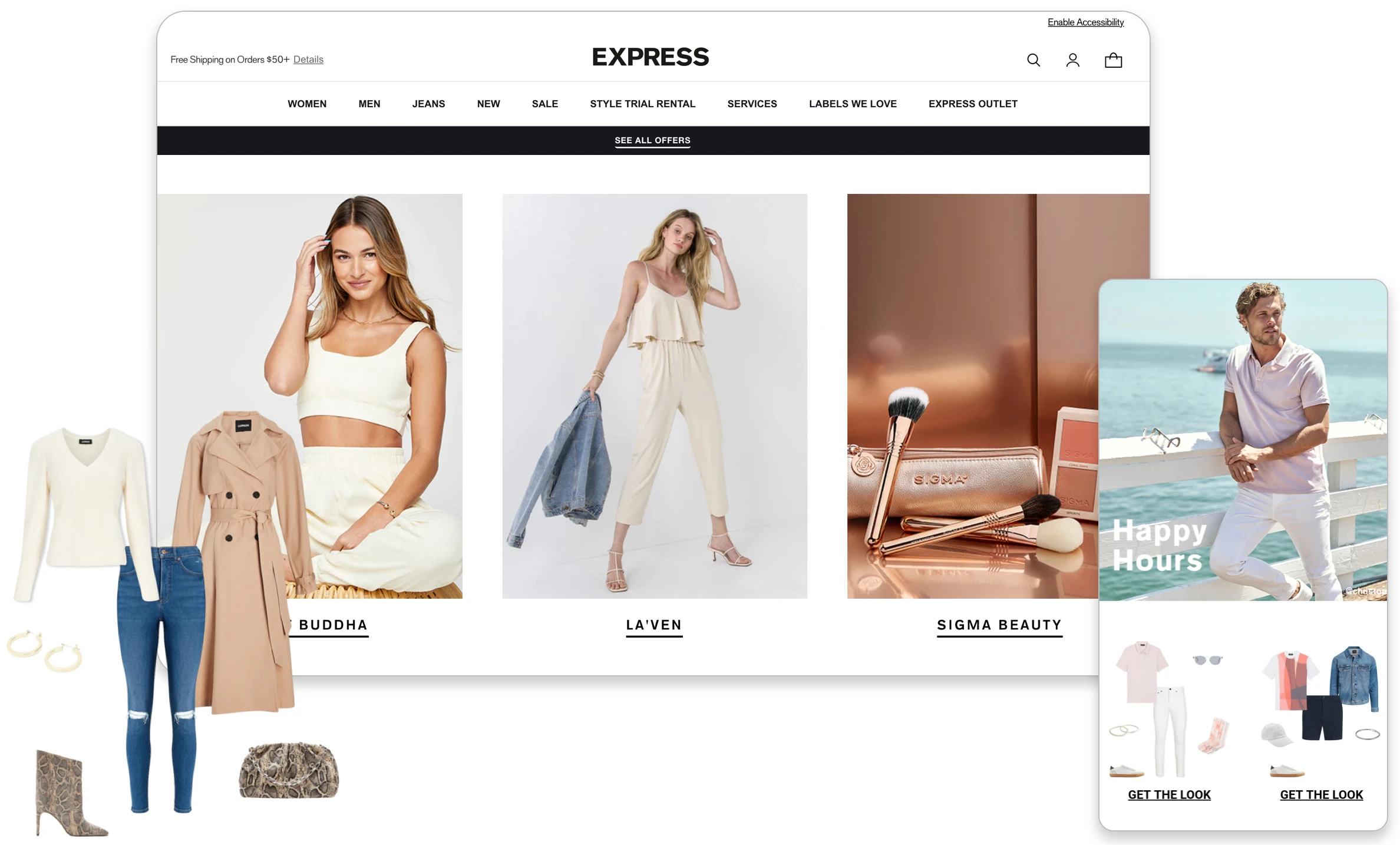 Collage of fashion and beauty items on EXPRESS website, featuring women's clothing outfits, Sigma Beauty makeup brushes, and men's casual style by the water with 'Happy Hours' text.