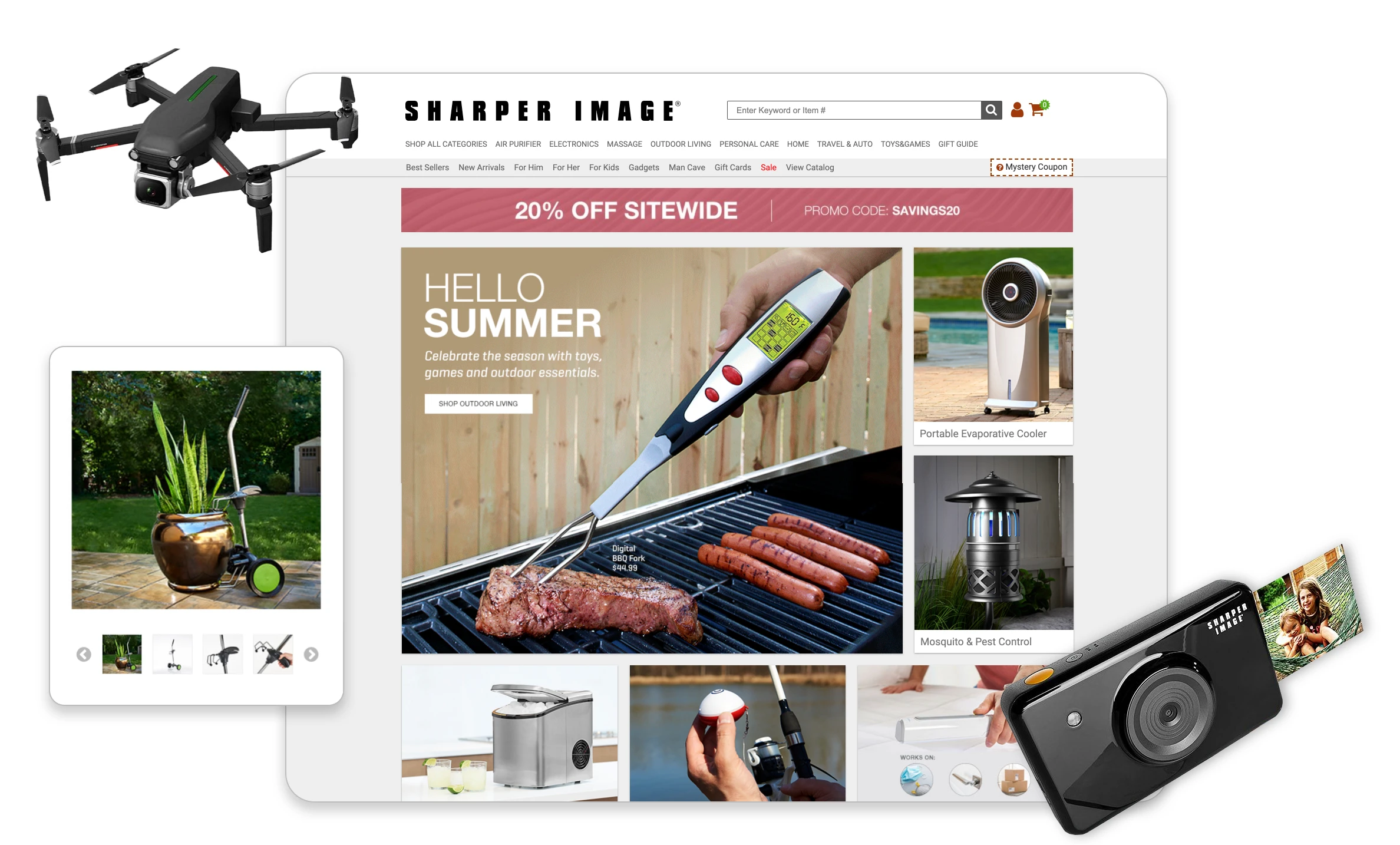 Sharper Image online store homepage showing summer outdoor products and gadgets including a digital BBQ fork, portable cooler, mosquito control device, drone, and digital camera.